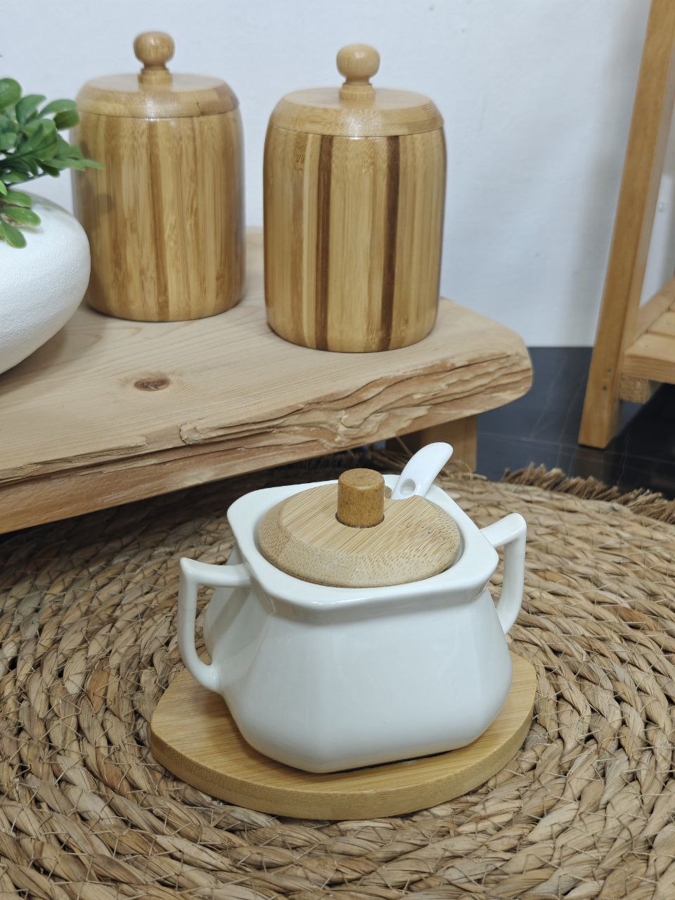 Sucrier blanc avec couverture bambou