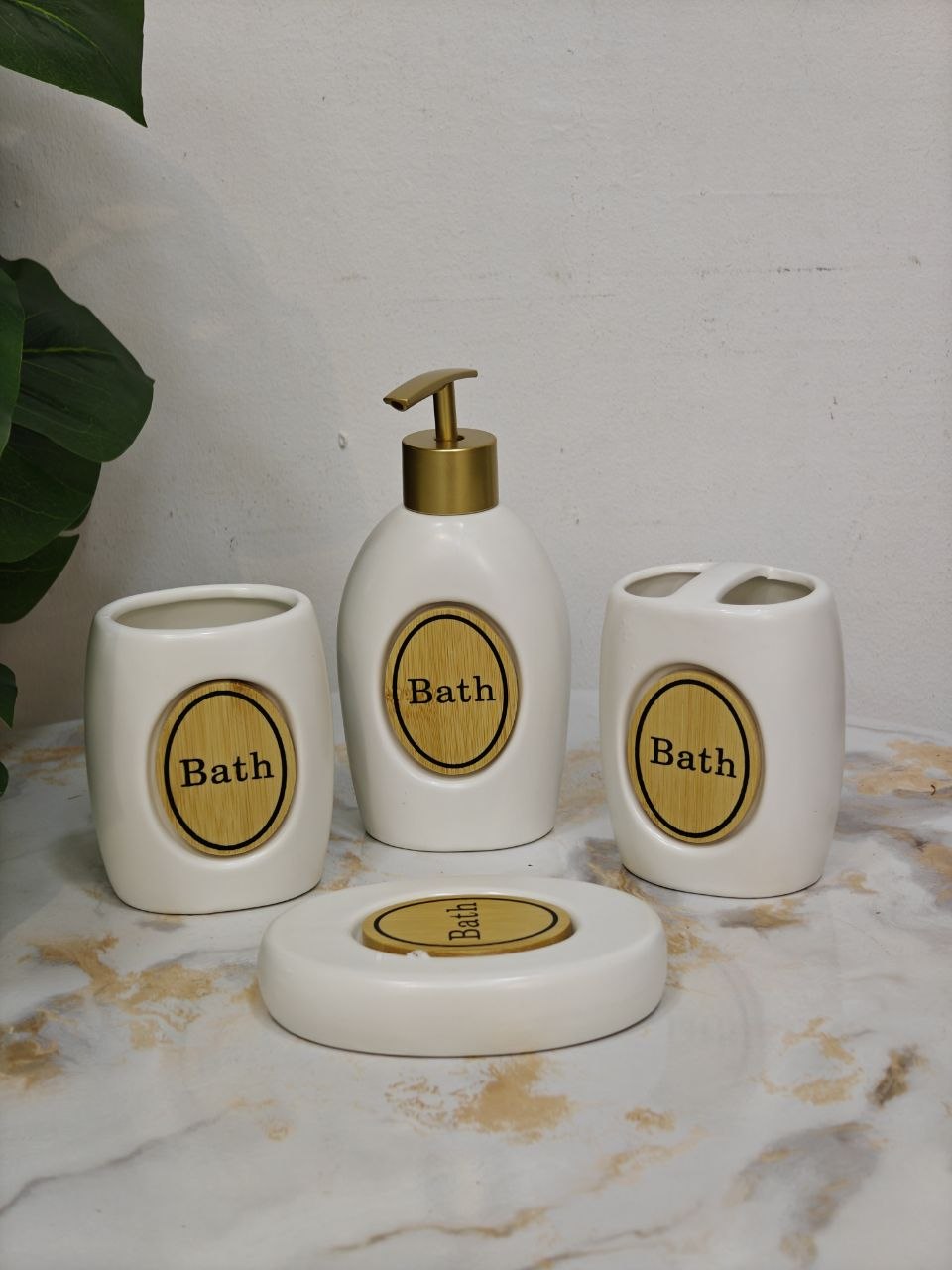 Set de bain 4 pcs blanc & bambou