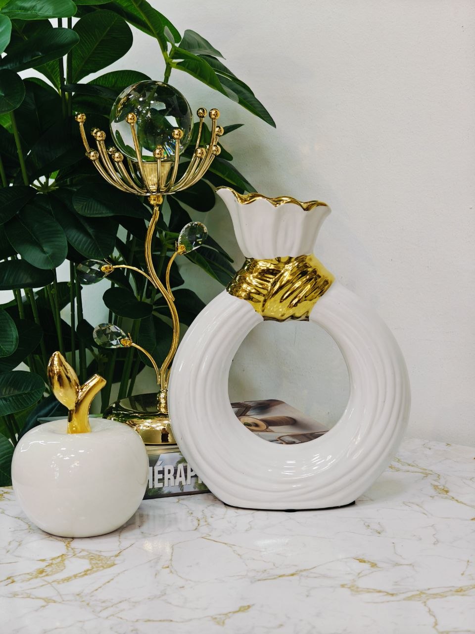Vase tresse blanc doré