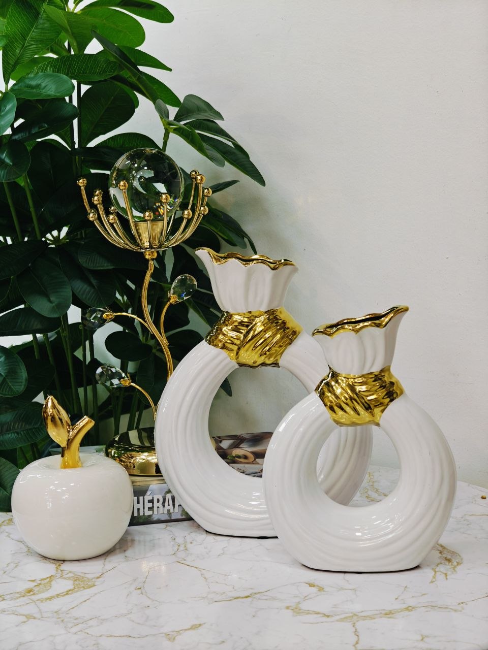 Vase tresse blanc doré